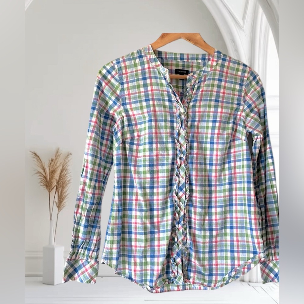 ↖️Talbots Pastel Plaid Button-Up Shirt with Ruffles